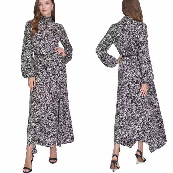 HALSTON Smock-Neck Long-Sleeve Belted Chiffon Dress Leopard Print Size 4 - Picture 6 of 8